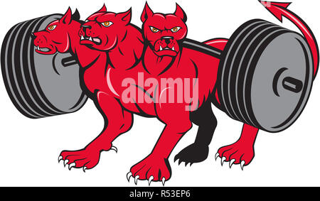 Cerberus Multi-headed Dog Höllenhund Powerlifting Barbell Cartoon Stockfoto