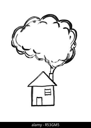 Schwarze Tinte Hand Zeichnung der Rauch aus dem Schornstein, Luftverschmutzung Konzept Stockfoto