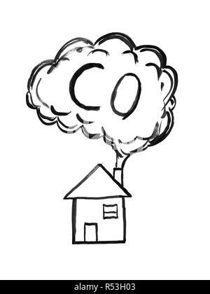 Schwarze Tinte Hand Zeichnung der Rauch aus dem Schornstein, Kohlenmonoxid oder CO Luftverschmutzung Konzept Stockfoto
