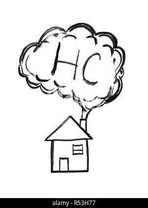 Schwarze Tinte Hand Zeichnung der Rauch aus dem Schornstein, HC oder Kohlenwasserstoffe Luftverschmutzung Konzept Stockfoto