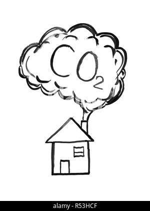 Schwarze Tinte Hand Zeichnung der Rauch aus dem Schornstein, Kohlendioxid oder CO2 Luftverschmutzung Konzept Stockfoto