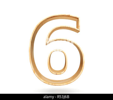 Dekorative Holz- alphabet Ziffer 6 Symbol - 6. 3D Rendering Illustration. Auf weissem Hintergrund Stockfoto