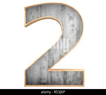 3D-Rendering konkrete Zahl 2 Zwei mit Holz- Grenze, auf weißem Hintergrund. Zahlen und Symbole. Risse in der Oberfläche. Texturierte Materialien. Zement Stockfoto