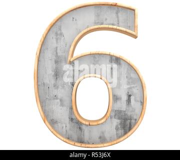 3D-Rendering konkrete Zahl 6 mit Holz- Grenze, auf weißem Hintergrund. Zahlen und Symbole. Risse in der Oberfläche. Texturierte Materialien. Zement Stockfoto