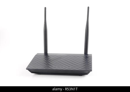 Moderne Wlan Router auf weißem Hintergrund Stockfoto