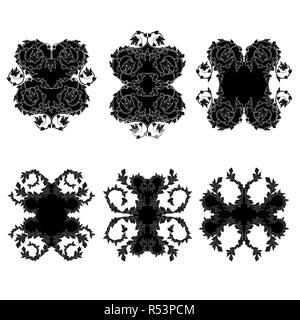 Sechs schwarzen isoliert florale Elemente mit Blättern im Viktorianischen Stil, Schablone Vektor auf dem weißen Hintergrund für Design Stock Vektor