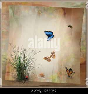 Abstraktes Bild: Schmetterlinge und Blumen. 3D-Rendering. Stockfoto