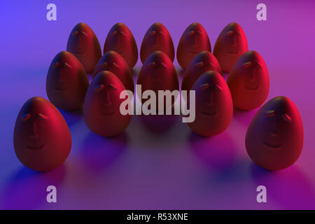 3D-Rendering von lächelnden, goldene Eier in Blau und Rot: Serenity Stockfoto