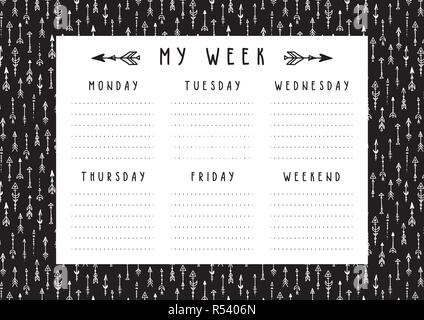 Druckbare Woche Zeitplan mit Hand gezeichnete Elemente, einsatzbereit. Stock Vektor