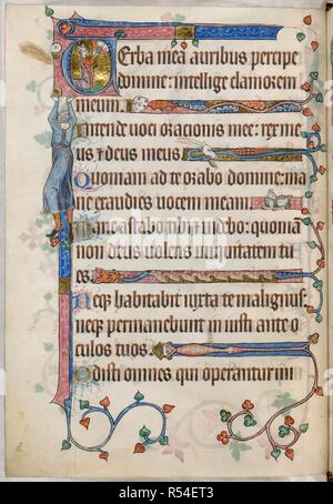 Psalm 5; König kniend. Luttrell Psalter. England [East Anglia]; ca. 1325-1335. [Ganze folio] Psalm 5 Beginn mit ersten 'V', der Kopf des Herrn von oben Hören auf das Gebet einer knienden bärtige König. Grenze Dekoration, einschließlich eines Mannes, der von hinten gesehen, die Unterstützung der ersten auf seinem aufrechterhalten. Groteske line - Füller ein glatzköpfiger Mann mit pestbeulen auf seinem Kopf, der Kopf einer Ziege, eine sitzende Katze, ein Wildschwein Kopf, und eine Königin trägt einen dreieckigen Maske Bild von Luttrell Psalter berücksichtigt. Ursprünglich veröffentlicht in England [East Anglia] hergestellt; ca. 1325-1335. . Quelle: Hinzufügen. 42130, Stockfoto