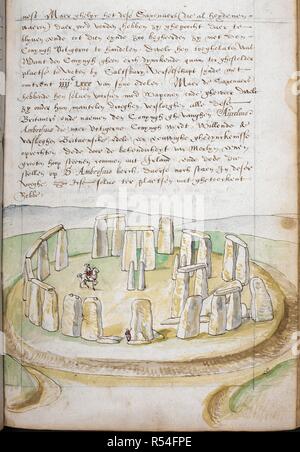 Zeichnung von Stonehenge, Co.Wilts. Corte Beschryvinghe van Engheland, Schotland, ende Irland (Beschreibung von England, Schottland und Irland.). England, London, 1573-1575. Quelle: Hinzufügen. 28330 f 36. Sprache: Holländisch. Autor: Heere, Lucas de. Stockfoto