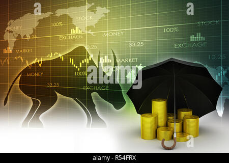 Gold-Münzen unter einem schwarzen Regenschirm Stockfoto