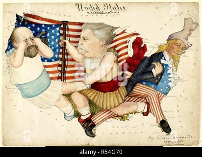 Cartoon Karte, die die US-Präsidentschaftswahl von 1880. Die Gliederung der Vereinigten Staaten ist, die Comic Porträts von James A. Garfield und General Winfield Scott Hancock. Garfield präsentiert eine Fülle an Liberty. . United States, in der Richtigen skizzieren. Lilian Lancaster, Novr 4 1880. 28 x 38 cm. Quelle: Maps.cc. 5. Ein.230. Stockfoto