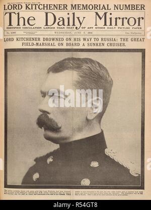 "Lord Kitchener auf seinem Weg nach Russland ertrunken: Das große Feld - marschall an Bord einer versunkenen Cruiser." Eine Zeitung Bericht während des Ersten Weltkrieges. Der Daily Mirror. Herr Kirchener memorial Anzahl. Mittwoch, 7. Juni 1916. Quelle: Daily Mirror. Sprache: Englisch. Stockfoto