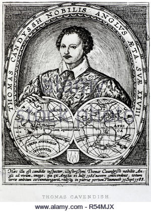 Sir Thomas Cavendish Portrait, 1560 - 1592, war ein englischer Explorer und eine PRIVATEER "Navigator" bezeichnet, denn er war der Erste, der absichtlich versucht Sir Francis Drake zu emulieren und Raid der spanischen Städte und Schiffe, die in den Pazifik und zurück durch den Globus umrunden, Illustration von c1900 Stockfoto