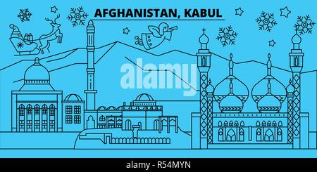 Afghanistan, Kabul Winterurlaub Skyline. Fröhliche Weihnachten, Frohes Neues Jahr eingerichteten Banner mit Santa Claus. Flach, umriss Vektor. Afghanistan, Kabul lineare Weihnachten Stadt Abbildung Stock Vektor