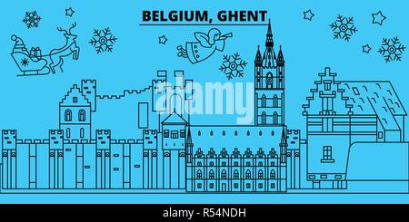 Belgien, Gent Winterurlaub Skyline. Fröhliche Weihnachten, Frohes Neues Jahr eingerichteten Banner mit Santa Claus. Belgien, Gent lineare Weihnachtsstadt Vektor flachbild Abbildung Stock Vektor