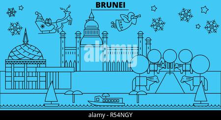 Brunei Winterurlaub Skyline. Fröhliche Weihnachten, Frohes Neues Jahr eingerichteten Banner mit Santa Claus. Brunei lineare Weihnachtsstadt Vektor flachbild Abbildung Stock Vektor