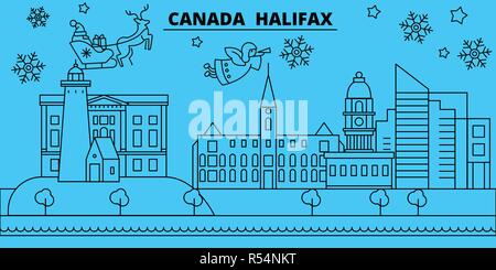 Kanada, Halifax Winterurlaub Skyline. Fröhliche Weihnachten, Frohes Neues Jahr eingerichteten Banner mit Santa Claus. Kanada, Halifax lineare Weihnachtsstadt Vektor flachbild Abbildung Stock Vektor