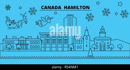 Kanada, Hamilton Winterurlaub Skyline. Fröhliche Weihnachten, Frohes Neues Jahr eingerichteten Banner mit Santa Claus. Kanada, Hamilton lineare Weihnachtsstadt Vektor flachbild Abbildung Stock Vektor