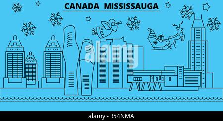 Kanada, Mississauga Winterurlaub Skyline. Fröhliche Weihnachten, Frohes Neues Jahr eingerichteten Banner mit Santa Claus. Kanada, Mississauga lineare Weihnachtsstadt Vektor flachbild Abbildung Stock Vektor