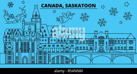 Kanada, Saskatoon Winterurlaub Skyline. Fröhliche Weihnachten, Frohes Neues Jahr eingerichteten Banner mit Santa Claus. Kanada, Saskatoon lineare Weihnachtsstadt Vektor flachbild Abbildung Stock Vektor