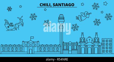 Chile, Santiago de Chile Winterurlaub Skyline. Fröhliche Weihnachten, Frohes Neues Jahr eingerichteten Banner mit Santa Claus. Chile, Santiago de Chile lineare Weihnachtsstadt Vektor flachbild Abbildung Stock Vektor