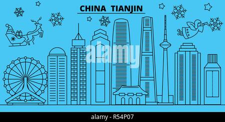 China, Tianjin Winterurlaub Skyline. Fröhliche Weihnachten, Frohes Neues Jahr eingerichteten Banner mit Santa Claus. China, Tianjin lineare Weihnachtsstadt Vektor flachbild Abbildung Stock Vektor