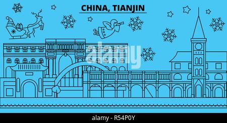China, Tianjin Winterurlaub Skyline. Fröhliche Weihnachten, Frohes Neues Jahr eingerichteten Banner mit Santa Claus. China, Tianjin lineare Weihnachtsstadt Vektor flachbild Abbildung Stock Vektor