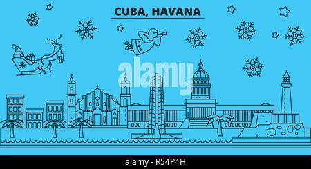 Kuba, Havanna Winterurlaub Skyline. Fröhliche Weihnachten, Frohes Neues Jahr eingerichteten Banner mit Santa Claus. Kuba, Havanna lineare Weihnachtsstadt Vektor flachbild Abbildung Stock Vektor