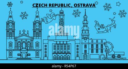 Tschechische Republik, Ostrava Winterurlaub Skyline. Fröhliche Weihnachten, Frohes Neues Jahr eingerichteten Banner mit Santa Claus. Tschechische Republik, Ostrava lineare Weihnachtsstadt Vektor flachbild Abbildung Stock Vektor