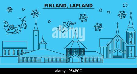 Finnland, Lappland winter Urlaub Skyline. Fröhliche Weihnachten, Frohes Neues Jahr eingerichteten Banner mit Santa Claus. Finnland, Lappland lineare Weihnachtsstadt Vektor flachbild Abbildung Stock Vektor