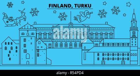 Finnland, Turku Winterurlaub Skyline. Fröhliche Weihnachten, Frohes Neues Jahr eingerichteten Banner mit Santa Claus. Finnland, Turku lineare Weihnachtsstadt Vektor flachbild Abbildung Stock Vektor