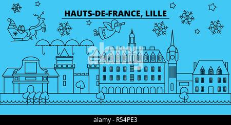 Frankreich, Lille Winterurlaub Skyline. Fröhliche Weihnachten, Frohes Neues Jahr eingerichteten Banner mit Santa Claus. Frankreich, Lille lineare Weihnachtsstadt Vektor flachbild Abbildung Stock Vektor