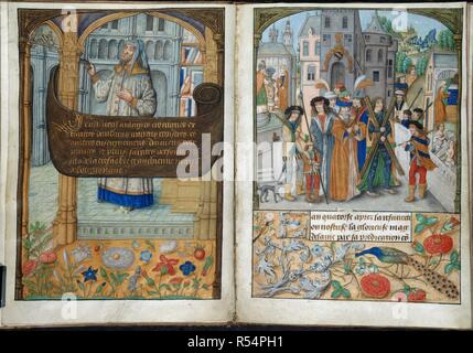 Der Autor; Stephen von Burgund. Chronik der Könige und der Herzöge von Burgund. S. Niederlande [Brügge]; zwischen 1485 und 1490. (Ganze öffnen] Links; der Autor, [Olivier de La Marche?], mit einem großen Blättern. Rechts; Stephen, zweiten legendären König von Burgund auf Pilgerreise nach Marseille legt Dank für seine und seiner Frau die Flucht aus dem Tod vorangestellt, das Kreuz des hl. Andreas zu geben. Hintergrund Szenen Trophimus und seine Frau durch St. Maximinus getauft bei Aix-en-Provence, und St. Maria Magdalena Fürsprache für den König und die Königin, die vertreten sind, die sich aus ihrer Sarkophage. Grenzen der zu Stockfoto