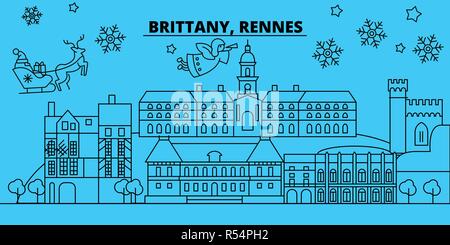 Frankreich, Rennes Winterurlaub Skyline. Fröhliche Weihnachten, Frohes Neues Jahr eingerichteten Banner mit Santa Claus. Frankreich, Rennes lineare Weihnachtsstadt Vektor flachbild Abbildung Stock Vektor