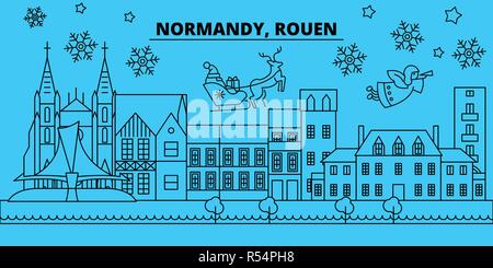 Frankreich, Rouen Winterurlaub Skyline. Fröhliche Weihnachten, Frohes Neues Jahr eingerichteten Banner mit Santa Claus. Frankreich, Rouen lineare Weihnachtsstadt Vektor flachbild Abbildung Stock Vektor