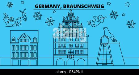 Deutschland, Braunschweig Winterurlaub Skyline. Fröhliche Weihnachten, Frohes Neues Jahr eingerichteten Banner mit Santa Claus. Deutschland, Braunschweig lineare Weihnachtsstadt Vektor flachbild Abbildung Stock Vektor