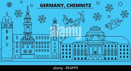 Deutschland, Chemnitz Winterurlaub Skyline. Fröhliche Weihnachten, Frohes Neues Jahr eingerichteten Banner mit Santa Claus. Deutschland, Chemnitz lineare Weihnachtsstadt Vektor flachbild Abbildung Stock Vektor