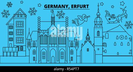 Deutschland, Erfurt Winterurlaub Skyline. Fröhliche Weihnachten, Frohes Neues Jahr eingerichteten Banner mit Santa Claus. Deutschland, Erfurt lineare Weihnachtsstadt Vektor flachbild Abbildung Stock Vektor