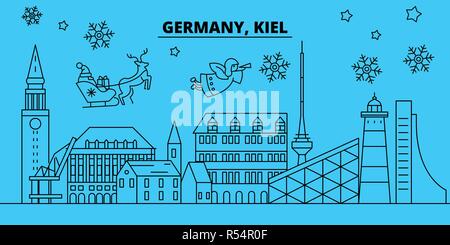 Deutschland, Kiel Winterurlaub Skyline. Fröhliche Weihnachten, Frohes Neues Jahr eingerichteten Banner mit Santa Claus. Deutschland, Kiel lineare Weihnachtsstadt Vektor flachbild Abbildung Stock Vektor