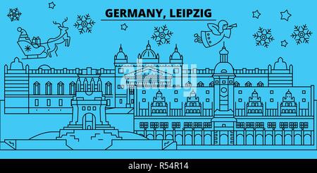 Deutschland, Leipzig Winterurlaub Skyline. Fröhliche Weihnachten, Frohes Neues Jahr eingerichteten Banner mit Santa Claus. Deutschland, Leipzig lineare Weihnachtsstadt Vektor flachbild Abbildung Stock Vektor