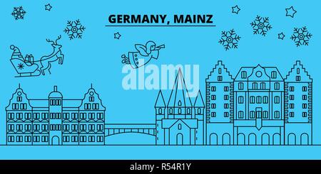 Deutschland, Mainz Winterurlaub Skyline. Fröhliche Weihnachten, Frohes Neues Jahr eingerichteten Banner mit Santa Claus. Deutschland, Mainz lineare Weihnachtsstadt Vektor flachbild Abbildung Stock Vektor