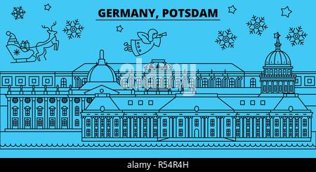 Deutschland, Potsdam Winterurlaub Skyline. Fröhliche Weihnachten, Frohes Neues Jahr eingerichteten Banner mit Santa Claus. Deutschland, Potsdam lineare Weihnachtsstadt Vektor flachbild Abbildung Stock Vektor