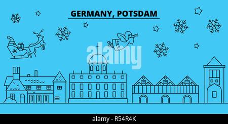 Deutschland, Potsdam Stadt Winterurlaub Skyline. Fröhliche Weihnachten, Frohes Neues Jahr eingerichteten Banner mit Santa Claus. Deutschland, Potsdam City lineare Weihnachtsstadt Vektor flachbild Abbildung Stock Vektor