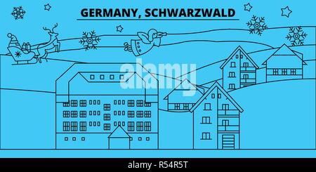 Deutschland, Schwarzwald Winterurlaub Skyline. Fröhliche Weihnachten, Frohes Neues Jahr eingerichteten Banner mit Santa Claus. Deutschland, Schwarzwald lineare Weihnachtsstadt Vektor flachbild Abbildung Stock Vektor