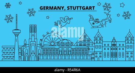 Deutschland, Stuttgart Winterurlaub Skyline. Fröhliche Weihnachten, Frohes Neues Jahr eingerichteten Banner mit Santa Claus. Deutschland, Stuttgart lineare Weihnachtsstadt Vektor flachbild Abbildung Stock Vektor