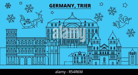 Deutschland, Trier Winterurlaub Skyline. Fröhliche Weihnachten, Frohes Neues Jahr eingerichteten Banner mit Santa Claus. Deutschland, Trier lineare Weihnachtsstadt Vektor flachbild Abbildung Stock Vektor