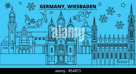 Deutschland, Wiesbaden Winterurlaub Skyline. Fröhliche Weihnachten, Frohes Neues Jahr eingerichteten Banner mit Santa Claus. Deutschland, Wiesbaden lineare Weihnachtsstadt Vektor flachbild Abbildung Stock Vektor