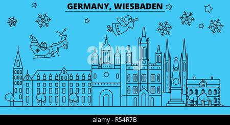 Deutschland, Wiesbaden Stadt Winterurlaub Skyline. Fröhliche Weihnachten, Frohes Neues Jahr eingerichteten Banner mit Santa Claus. Deutschland, Wiesbaden Stadt lineare Weihnachtsstadt Vektor flachbild Abbildung Stock Vektor